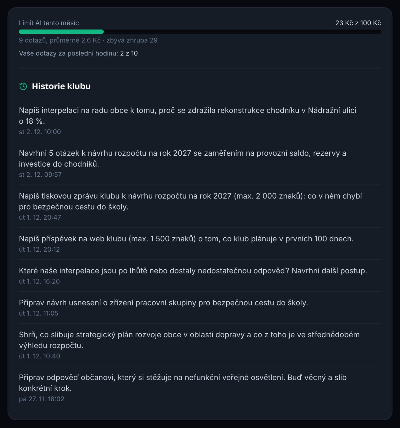 Čerpání měsíčního limitu AI a sdílená historie podkladů klubu