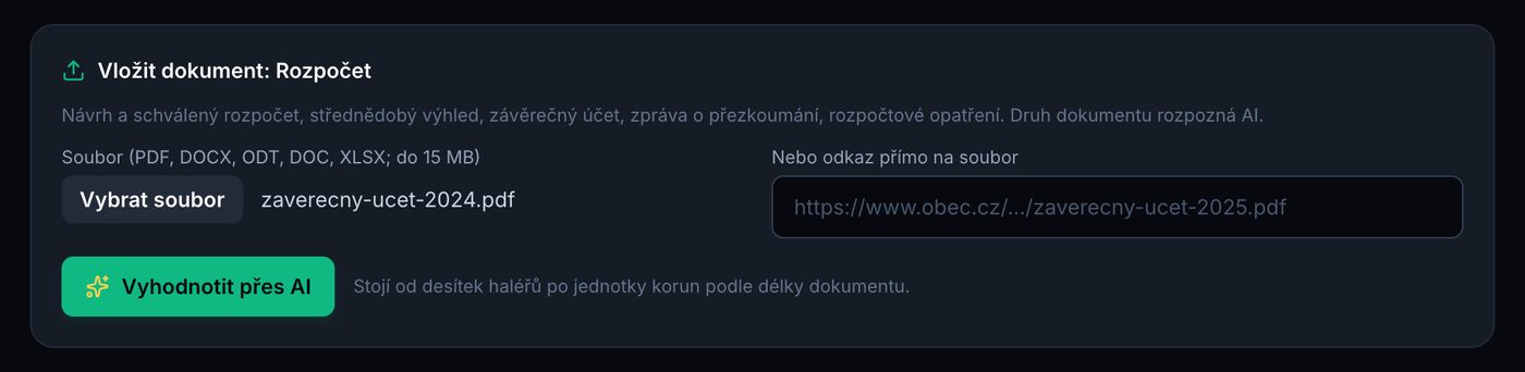 Vložení dokumentu souborem nebo odkazem s tlačítkem Vyhodnotit přes AI