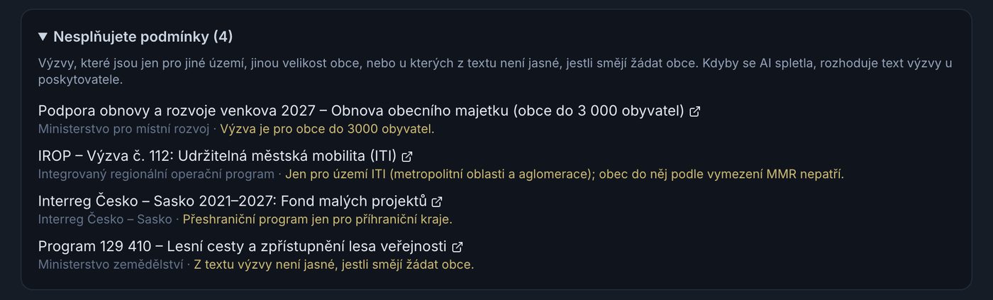 Výzvy, na které obec nedosáhne, vždy s důvodem