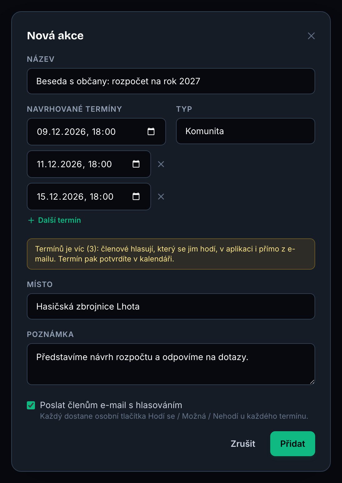 Formulář nové akce se třemi navrhovanými termíny a e-mailem s hlasováním