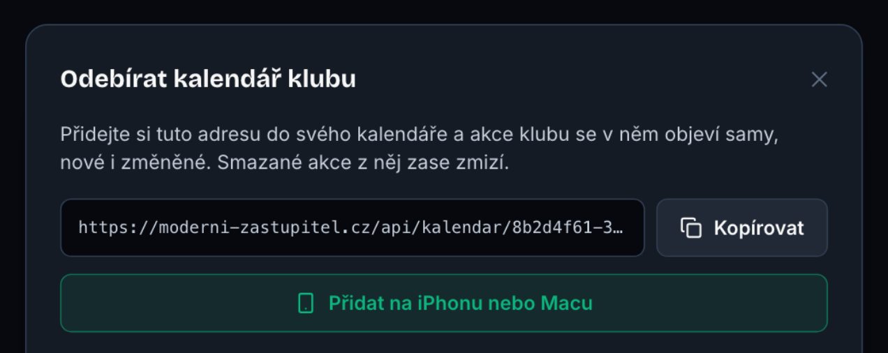 Odběr kalendáře klubu s osobní adresou a tlačítkem pro iPhone a Mac
