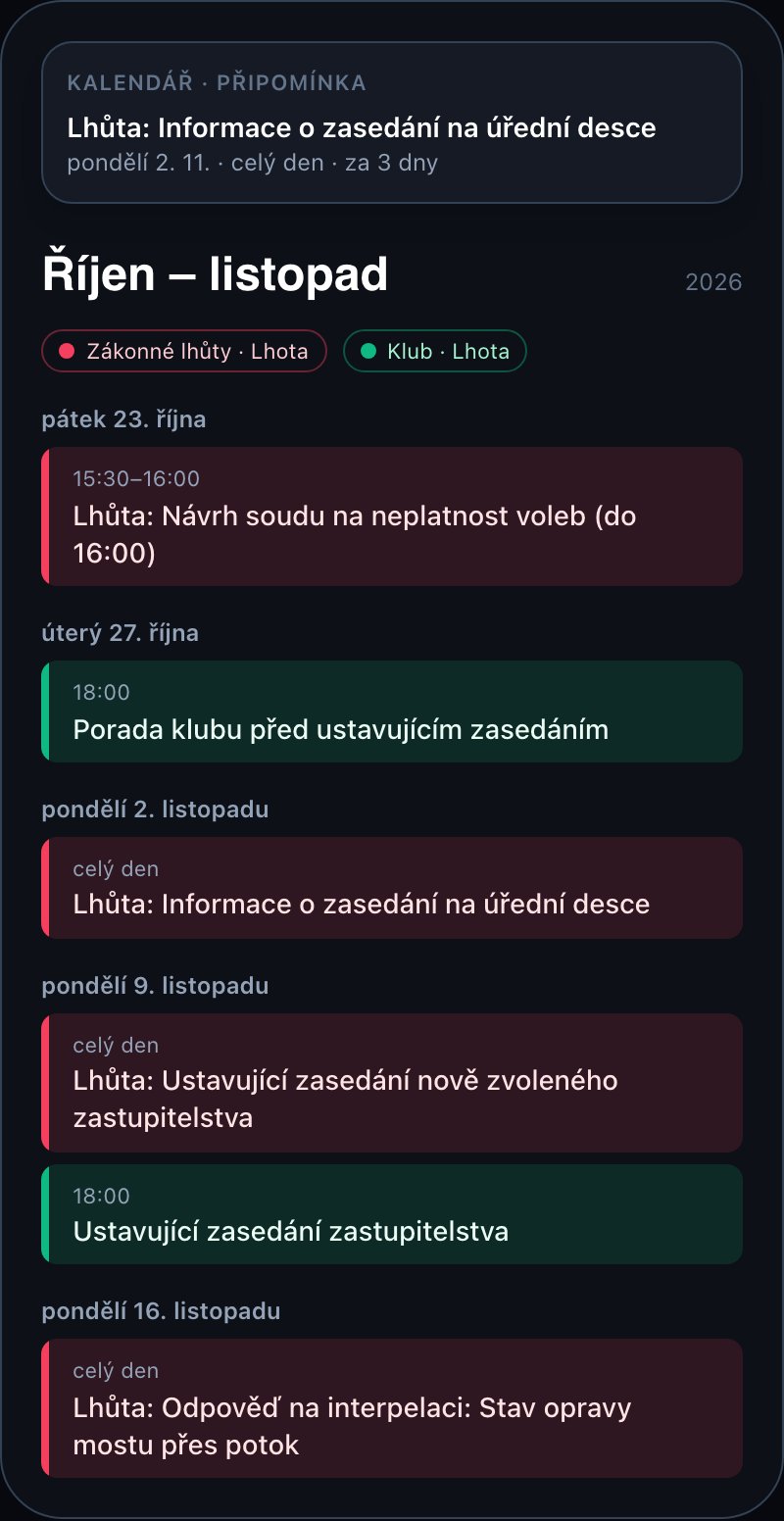 Ilustrace: zákonné lhůty jako samostatný červený kalendář v telefonu vedle zelených akcí klubu, s připomínkou 3 dny předem