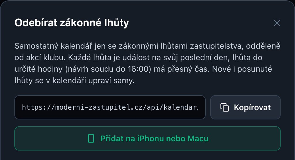 Okno Odebírat zákonné lhůty s osobní adresou kalendáře a tlačítkem pro iPhone a Mac