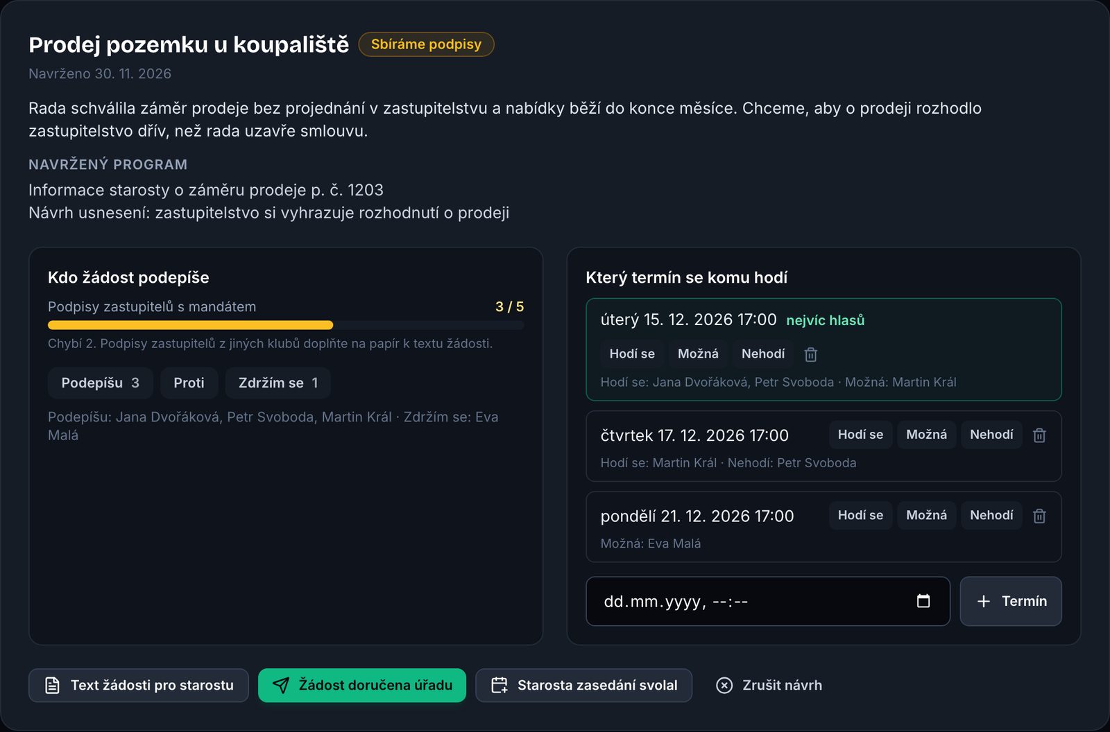 Žádost o svolání mimořádného zasedání: důvod, navržený program, počítadlo podpisů a anketa termínů
