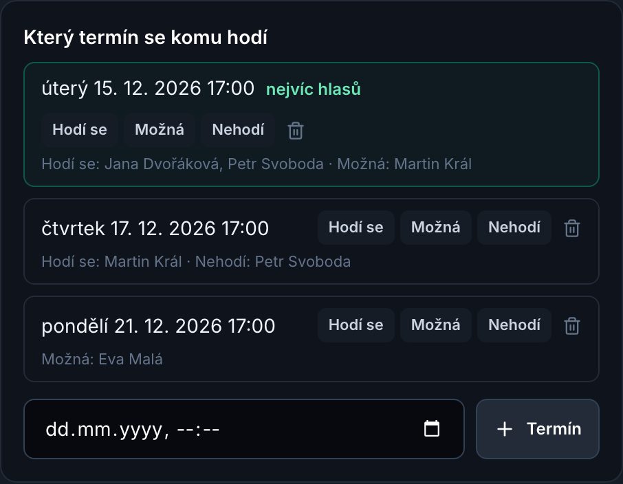 Anketa termínů mimořádného zasedání s označením termínu s nejvíce hlasy