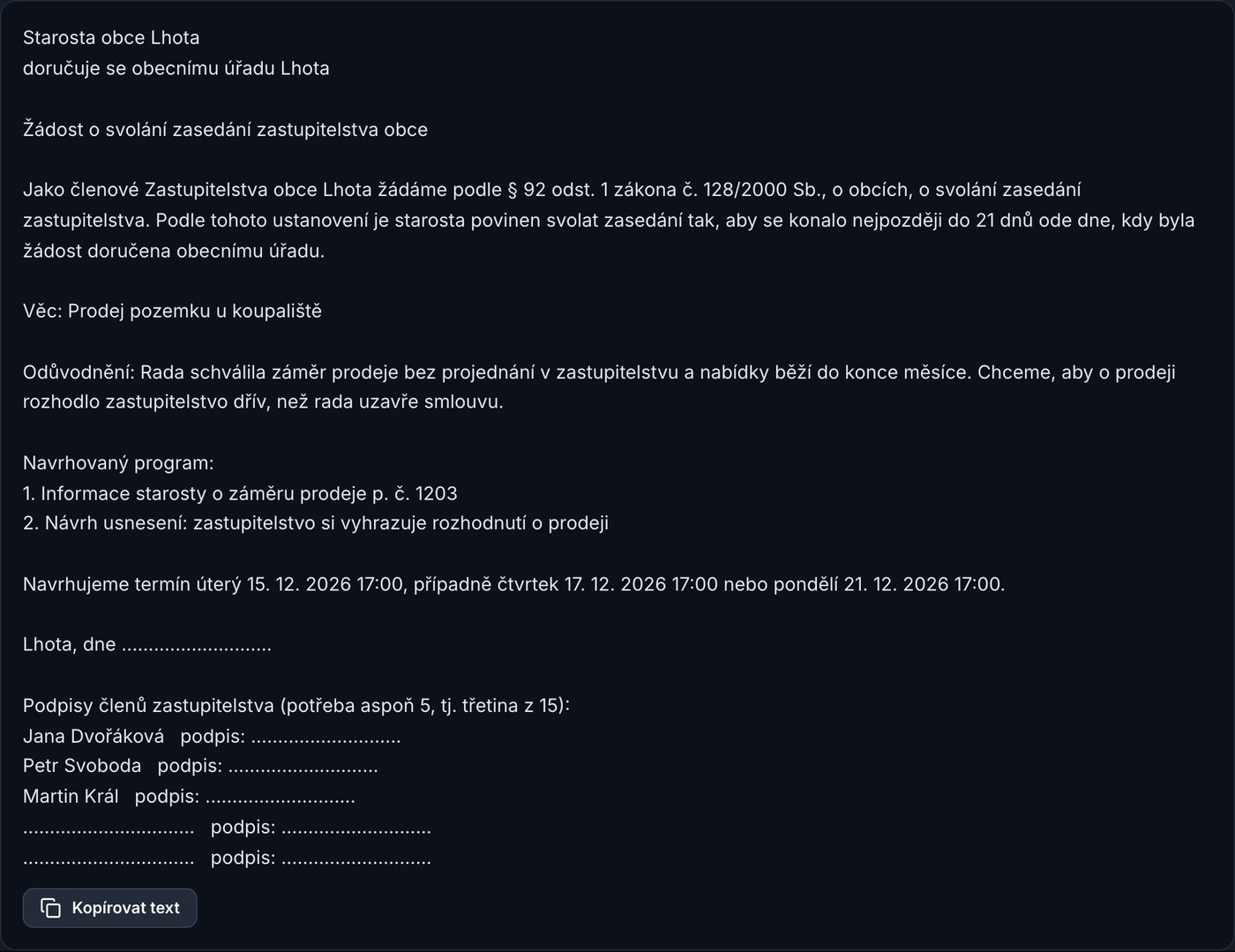 Vyplněný text žádosti o svolání zasedání zastupitelstva podle § 92 odst. 1 zákona o obcích