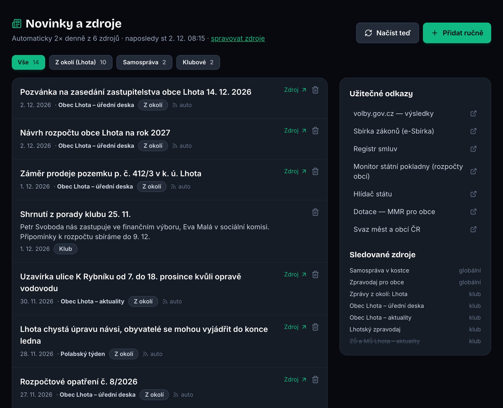 Novinky a zdroje: novinky z úřední desky a webu obce stažené automaticky, filtry podle původu a panel sledovaných zdrojů