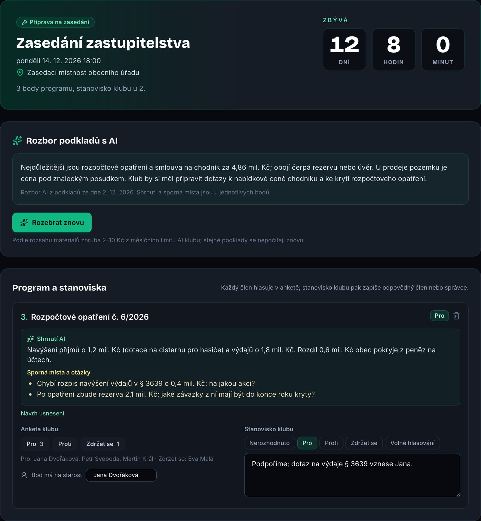 Příprava na zasedání: odpočet, AI rozbor podkladů a bod programu s anketou klubu a stanoviskem
