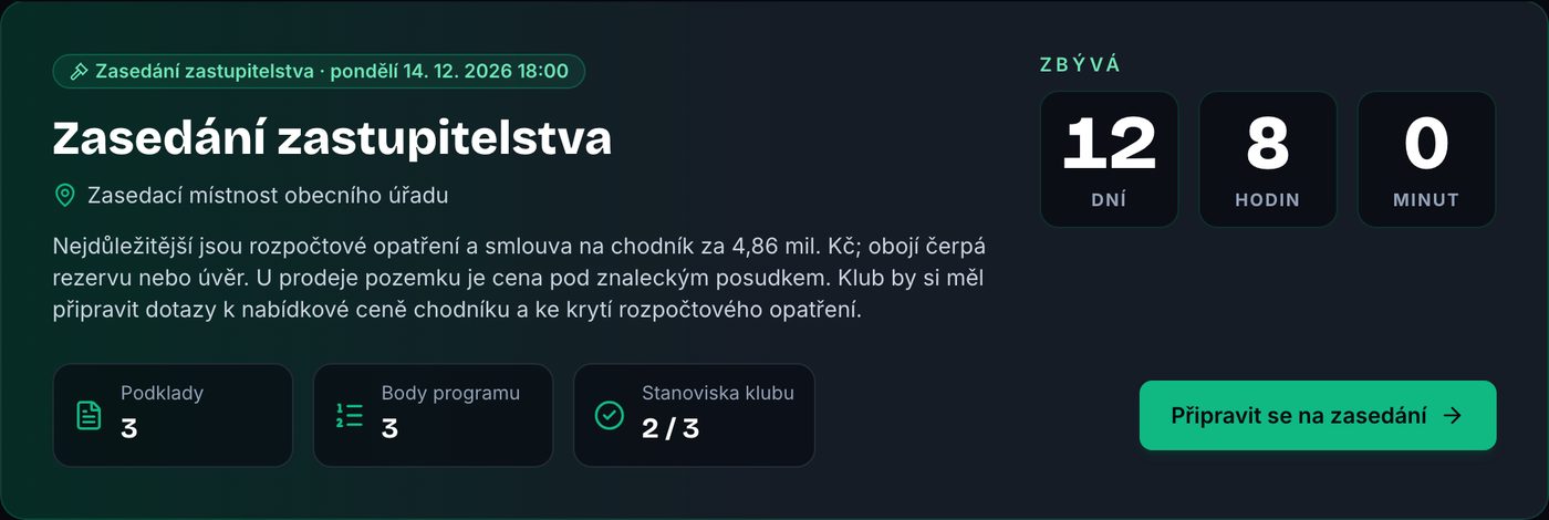 Blok nejbližšího zasedání na Přehledu klubu s odpočtem a stavem přípravy