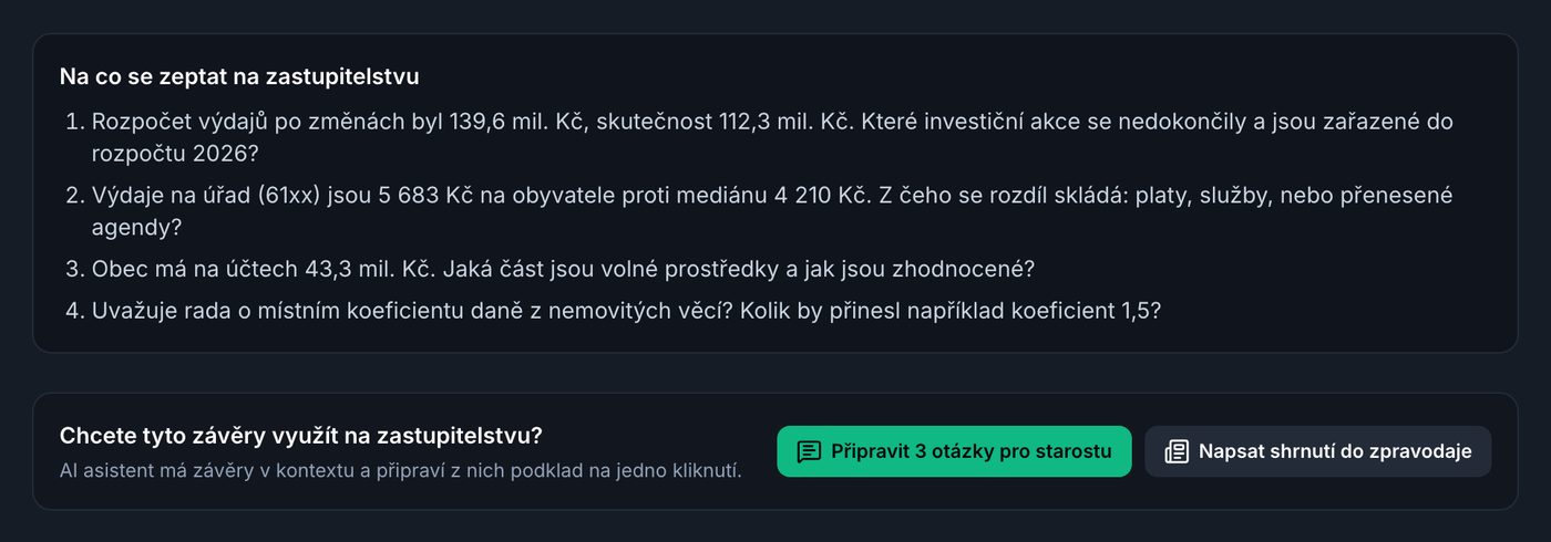 Otázky na zastupitelstvo ze závěrů hospodaření a tlačítka pro AI asistenta