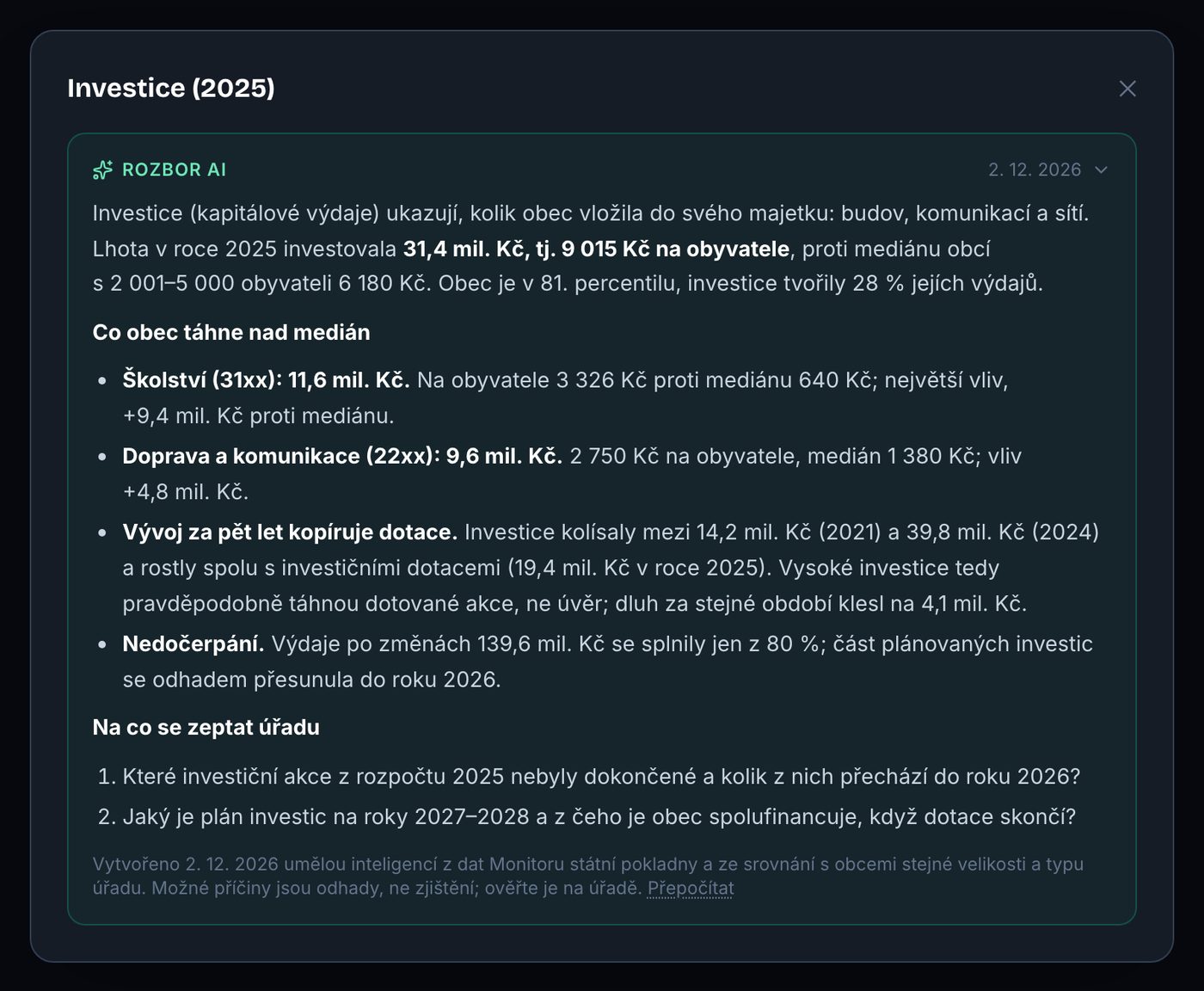 AI rozbor investic obce: co obec táhne nad medián, vývoj za pět let a otázky na úřad