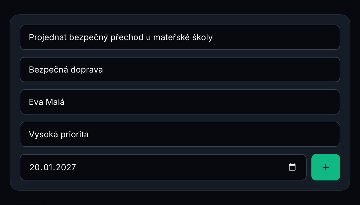 Nový úkol: název, pilíř Bezpečná doprava, odpovědná osoba, priorita a termín