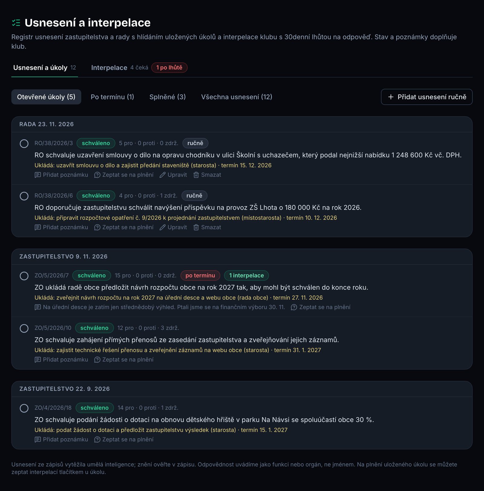 Registr usnesení s otevřenými úkoly: usnesení rady a zastupitelstva podle zasedání, výsledek hlasování, odpovědnost, termín a štítek po termínu