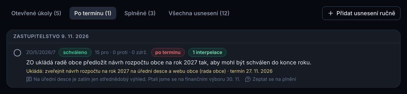 Usnesení s prošlým termínem, poznámkou klubu a navázanou interpelací