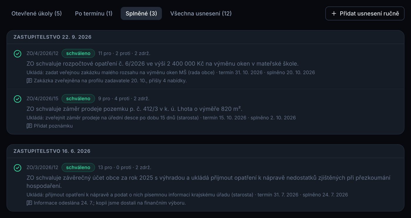 Splněné uložené úkoly s datem splnění a poznámkami klubu