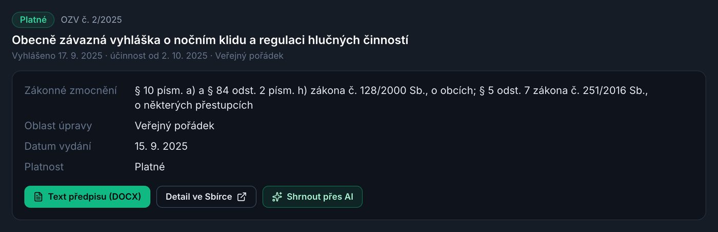 Detail vyhlášky o nočním klidu se zákonným zmocněním a tlačítky Text předpisu a Shrnout přes AI