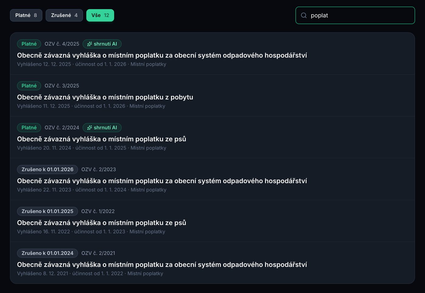Platné i zrušené vyhlášky o místních poplatcích, u dvou štítek shrnutí AI