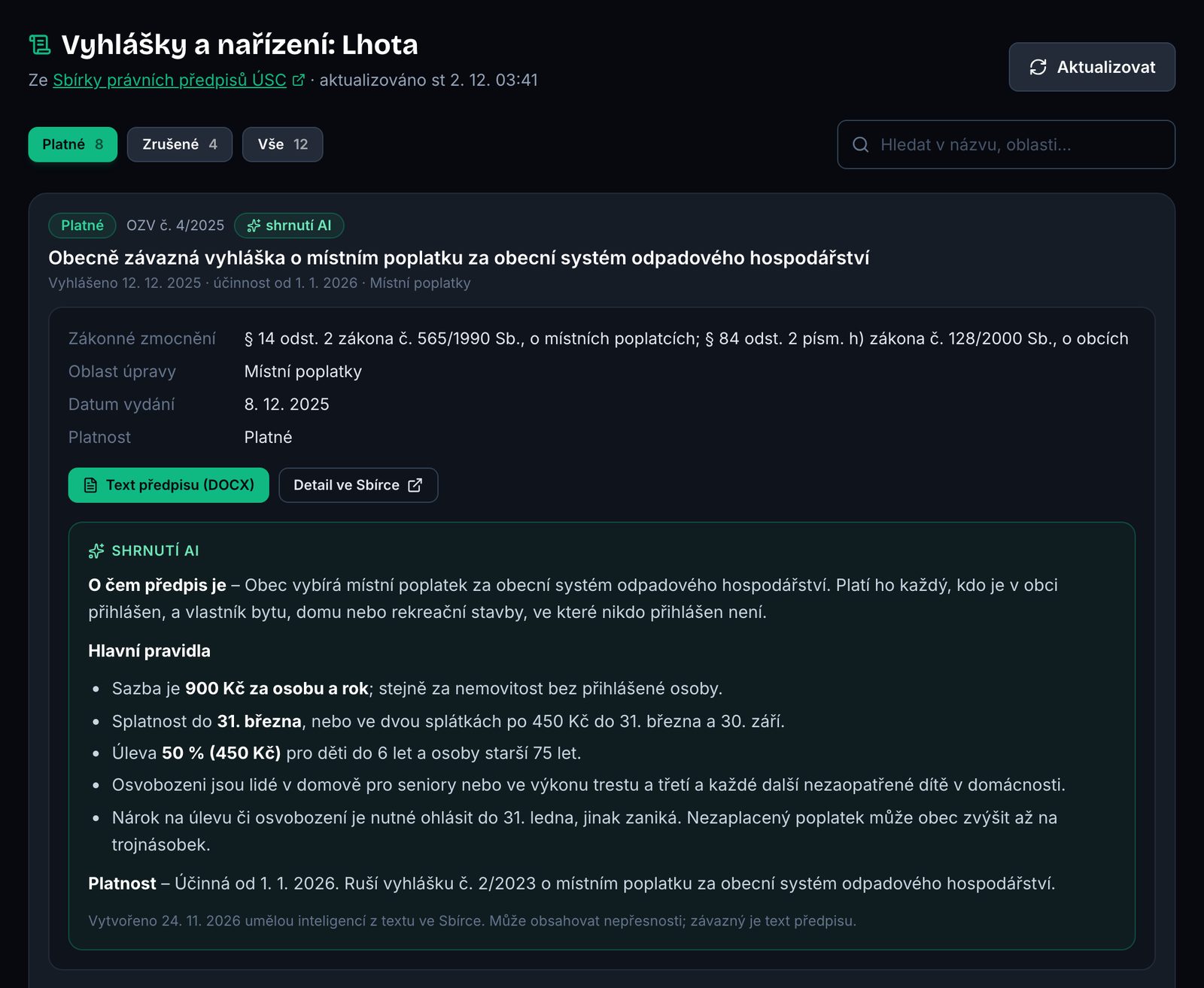 Vyhlášky obce s filtry Platné, Zrušené a Vše, vyhledáváním a rozbalenou vyhláškou se shrnutím AI