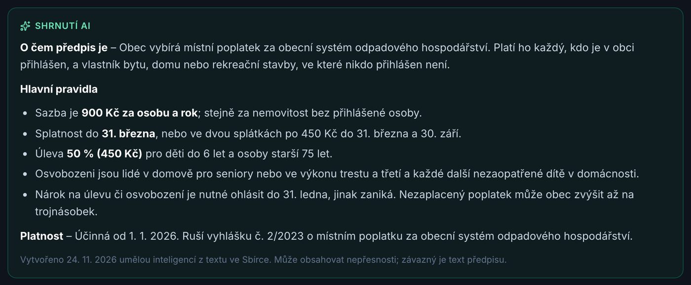 Shrnutí vyhlášky o poplatku za odpad: sazba, splatnost, úlevy, osvobození a platnost