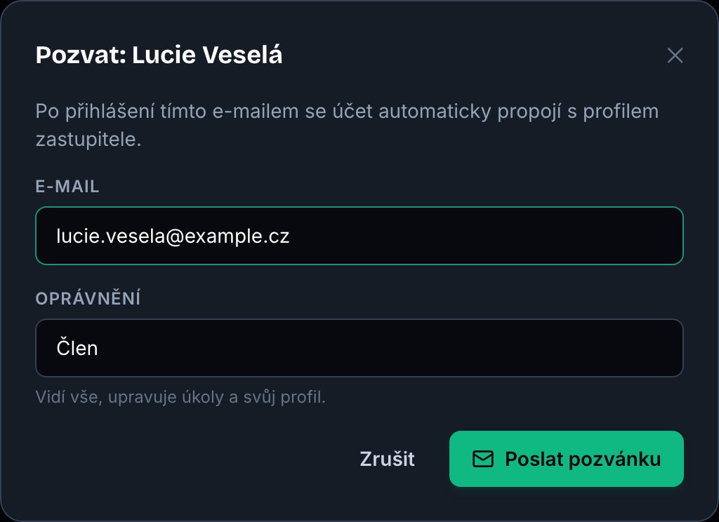 Pozvánka náhradnice do portálu klubu s volbou oprávnění