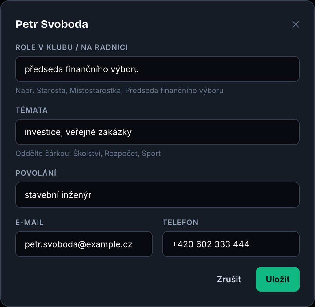Úprava profilu zastupitele: role, témata, povolání, e-mail a telefon