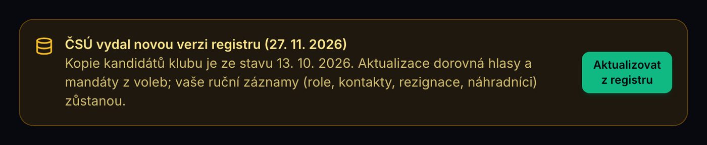 Upozornění na novou verzi registru ČSÚ s tlačítkem Aktualizovat z registru